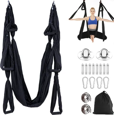 Produktbild von Topchances Aerial Yoga Hängematte Set Luftseide Yoga Kit Anti-Schwerkraft-Swing/Sling/Inversionswerkzeug Fitness Yoga Props (Schwarz)