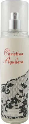 A bottle of Christina Aguilera body spray with a lace design.