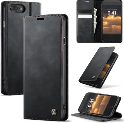 Image de Étui en cuir pour iPhone 6s Plus/6 Plus/7 Plus/7 Plus/8 Plus, protection RFID, fermeture magnétique, fentes pour cartes et fonction stand Noir