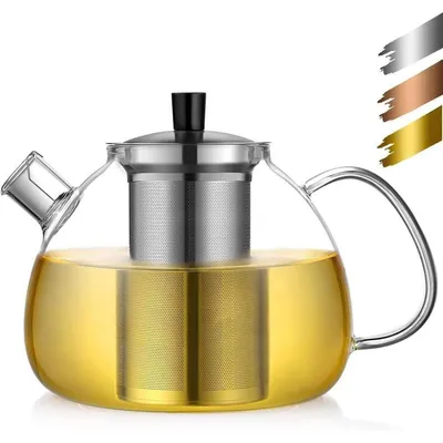 Zdjęcie produktu dla Dzbanek do herbaty ze szkła o pojemności 1500 ml, odporny na wysokie temperatury, z wyjmowanym sitkiem do herbaty ze stali nierdzewnej