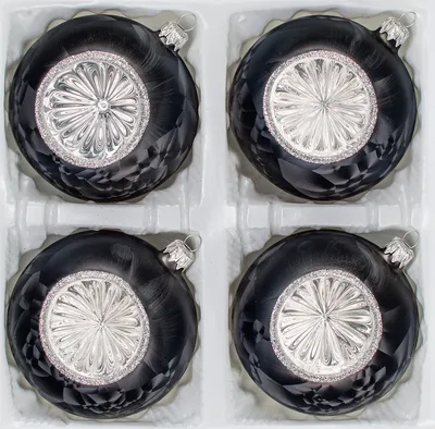 Produktbild von 4 tlg. Glas-Weihnachtskugeln Set 10cm Ø in "Vintage Ice Schwarz Silber"