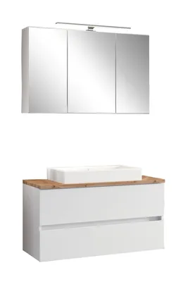 Produktbild von Badkombination - Weiß - Wotan Eiche Nachbildung - mit LED-Aufsatzleuchte - mit Keramikwaschbecken
