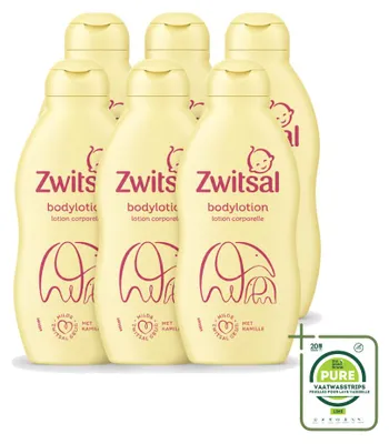 Imagen del producto de 6 unidades de loción corporal para bebés Zwitsal, enriquecida con manzanilla, 200 ml por unidad, pack grande
