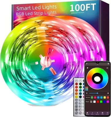 A product shot of RGB LED strip lights, a remote control, and a smartphone displaying the app interface.