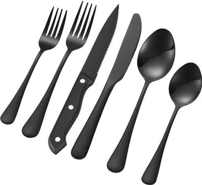 Immagine prodotto di set di posate da 48 pezzi nero - coltello, forchetta, cucchiaio - Set di posate Premium
