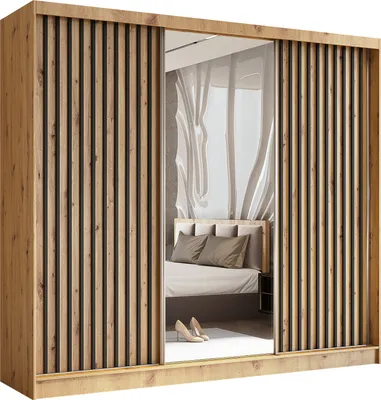 Produktbild von Masseno Schiebetürenschrank LAMELLO 240 cm Kleiderschrank Schlafzimmer Schrank 3-türig mit Spiegel und Lamellen Eiche Artisan