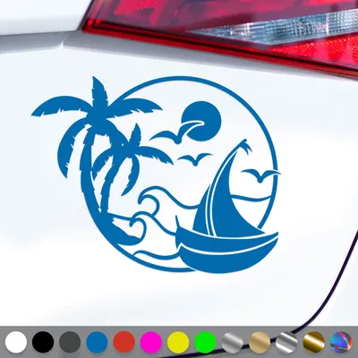 Produktbild von PantherPixel Sonne Strand Aufkleber Palmen Urlaub Reisen Segelboot Sticker Auto Geschenkidee Farbe Blau