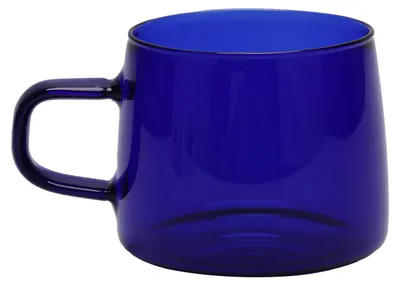 Productafbeelding van 350 ml glazen koffiekop, kristallen beker met handvat, bestand tegen hoge temperaturen, geschikt voor thuis en in cafés. Blauw