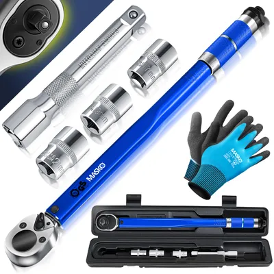 Produktbild von MASKO® Drehmomentschlüssel 6tlg. Set 40-210Nm 1/2 ' CV inkl. 3 Stecknüssen 17mm, 19mm, 21mm  und Verlängerung 125mm  inkl. Koffer +/- 4% Toleranz  Reifenschlüssel Auto Drehmoment-Schlüssel