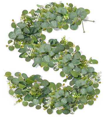 Produktbild von Eukalyptuskranz (2 Stück), 1,8 m hängende Eukalyptusdekoration mit weißen Blüten, künstlicher Blumenkranz, künstlicher Pflanzenkranz für Brautsträuße, Blumen, Heimdekoration (2 Stück)