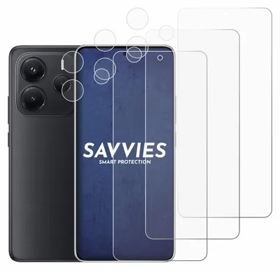 A smartphone with a camera module and screen protectors are displayed.