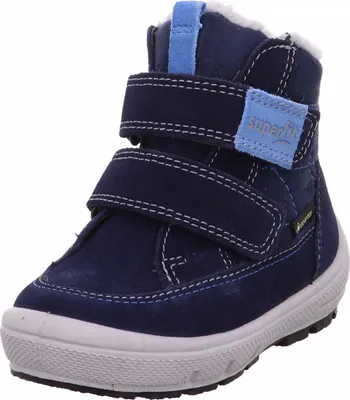 A single blue winter boot for children.