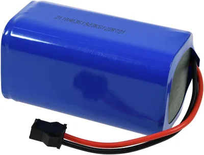 A blue battery pack with red and black wires and a black connector.