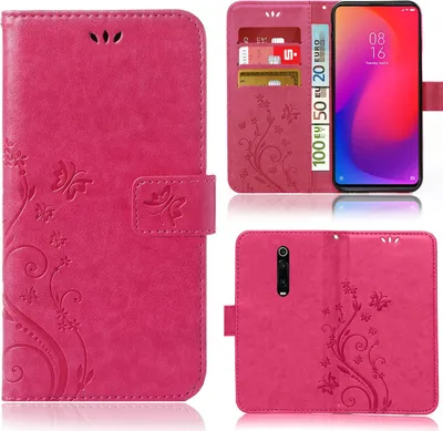 Produktbild von Handy Tasche für Xiaomi Mi 9T / Mi 9T Pro Schutz Hülle Handyhülle mit Blumenmuster Klapp Hülle mit Standfunktion und Kartenfächer Pink