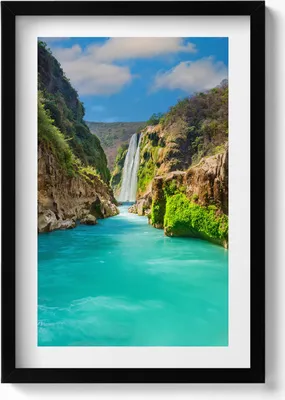 Produktbild von Tropischer Wasserfall und Fluss– Wandbild mit Rahmen – Gerahmtes Bild  – Wanddekoration – 40x60 cm –  Schwarz