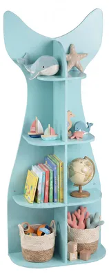 Produktbild von COSTWAY Kinder Bücherregal in Fischschwanzform, 4 Ebenen Kinderregal Holz mit 8 offenen Fächern, Spielzeugregal Montessori, Kinderzimmer regal Blau