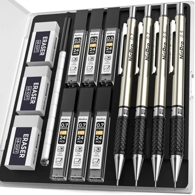 Obrázok produktu pre Sada 4 mechanických ceruziek s kovovým telom, hrúbka hrotu 0,5 mm a 0,7 mm, vrátane náplní a gumiek