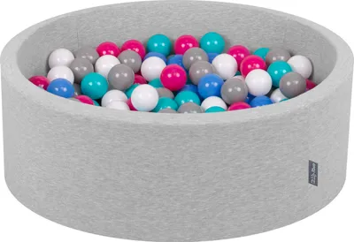 Zdjęcie produktu dla KiddyMoon suchy basen okrągły z piłeczkami 7cm jasnoszary: biały-szary-niebieski-ciemny róż-jasny turkus 90x30cm/200piłek zabawka basen piankowy