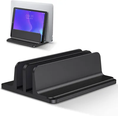 Produktbild von Doppelter vertikaler Laptopständer, verstellbarer Laptop-Tischständer aus Aluminium für MacBook Pro/Air, iPad, Surface, HP, Lenovo, Tablets und andere Laptops (Schwarz)