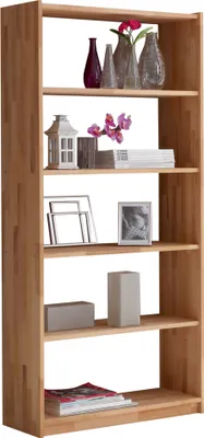 A wooden bookshelf with various decorative items and books on its shelves.