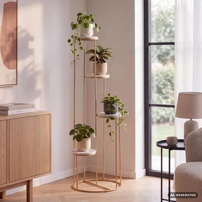 Zdjęcie produktu dla Stojak na kwiaty FineBuy z prawdziwego marmuru, biały, 36,5 x 107,5 x 36,5 cm, stojący, złoty, stołek na kwiaty do salonu, wolnostojący, z 4 półkami, Obraz wygenerowany przez AI