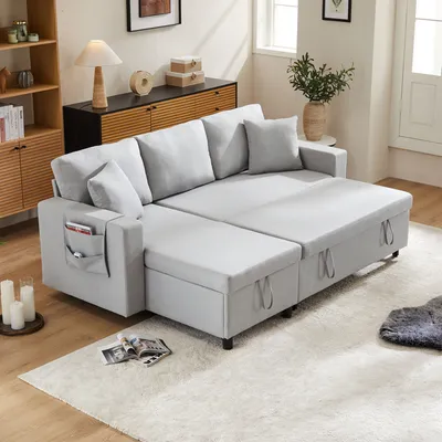 Produktbild von Merax 3-osobowa sofa narożna z funkcją spania, sofa w kształcie litery L z pojemnikiem na pościel, sofa z boczną kieszenią, zestaw wypoczynkowy, jasnoszary