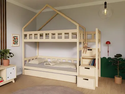 Produktbild von Etagenbett im Hausstil PLOTTY mit Stufen mit Stauraum 90x200 cm – Salbeigrün – Rechts – Doppelschublade