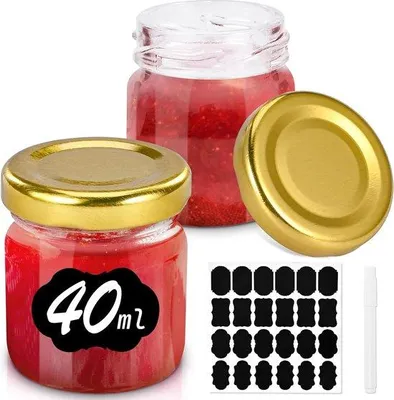 Immagine prodotto di 24 vasetti da conserva con tappo a vite, 40 ml, con etichette riutilizzabili e pennarelli lavabili per marmellata e miele