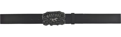 A black leather belt with a decorative buckle featuring a horse and the word "MUSTANG".