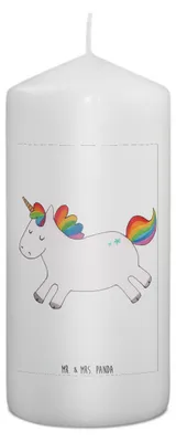 Produktbild von Mr. & Mrs. Panda Kerze Einhorn Happy 15 x 7 cm - Weiß - Geschenk, Erinnerungskerze, Bedruckte, Unicorn, Lebensfreude, Wachskerze, Freude, Erinnerungslicht, Einhörner