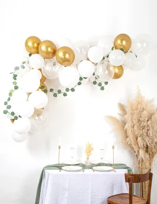 Produktbild von 60-teiliges Ballonbogen-Set Weiß + Gold mit Eukalyptus-Zweigen - Einheitsgröße