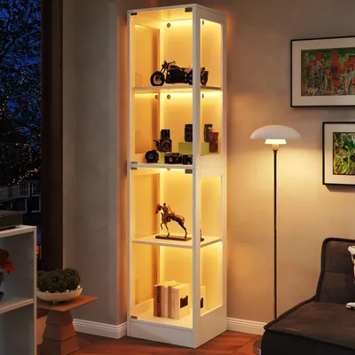 Immagine prodotto di Vetrina LED bianca, collezione, realizzata in vetro temperato, dimensioni 40x35x170 cm. Armadio con ante a battente, 100% MDF, con controllo tramite app, ideale per l'ufficio