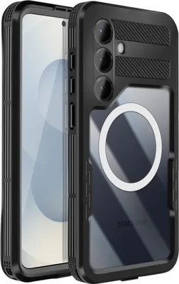 A black protective phone case with a transparent back and a white magnetic ring is shown.