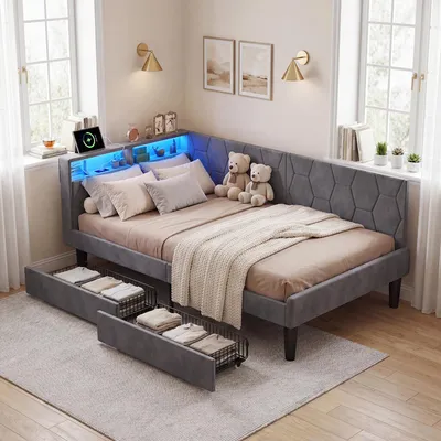 Obrázek produktu pro Čalouněná postel 90x200 cm, šedá, s úložnými zásuvkami, čalouněná konstrukce s LED osvětlením, USB port, čalouněná jednolůžko s roštem, vhodná do dětského pokoje nebo ložnice, Obrázek vytvořený pomocí AI