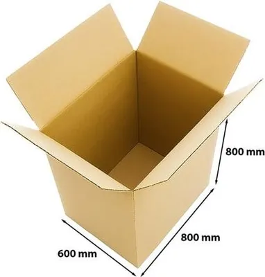 An open, empty cardboard box with dimensions labeled.