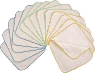 A fan of white square cloths with colored stitching.