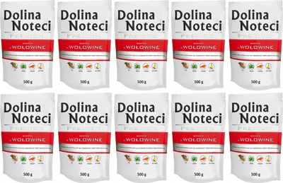A grid of identical product packaging for dog food.