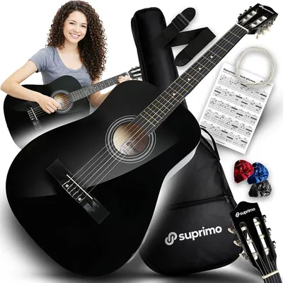 Immagine prodotto di SUPRIMO CGS2 BK, chitarra classica 4/4, nera, ideale per principianti, include: plettro, tracolla, corde di ricambio, custodia, diagrammi di accordi, set completo