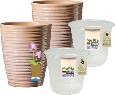 Produktbild von MePla - 2 Stück - Orchideenkübel Bergamo ø 13 Lehm + Pflanztopf Orchidee ø 12
