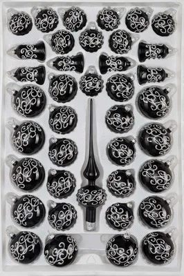 Produktbild von 39 tlg. Glas-Weihnachtskugeln Set in Hochglanz-Schwarz-Silberne-Ornamente
