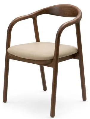 Zdjęcie produktu dla Krzesło w kolorze beżowym, z drewnianymi podłokietnikami, nowoczesne, eleganckie, idealne do salonu, zapewnia komfort
