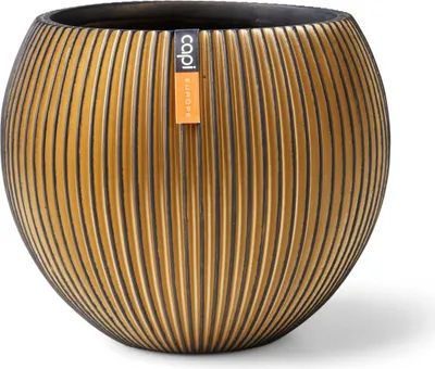 A gold spherical planter with vertical ribbed texture and a black rim, shown against a white background. A small orange tag with black text is attached to the front.
