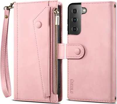 Produktbild von Schutzhülle für Samsung Galaxy S21 FE 5G Reißverschluss Hülle, Leder Klapphülle Kartenfach Standfunktion Brieftasche mit Trageband Rosa
