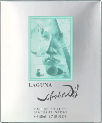 The image shows the front of a perfume box with a surrealist artwork on it.