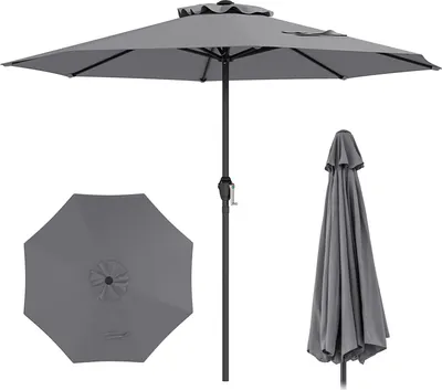 A gray patio umbrella is shown in three different views: open, top-down, and closed.