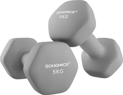 Produktbild von SONGMICS Hanteln, 2er Set, 2 x 5 kg, Hantelset, Kurzhanteln, Hexagon, Neopren-Beschichtung, Krafttraining, Workout, Fitnesstraining, für Zuhause, grau