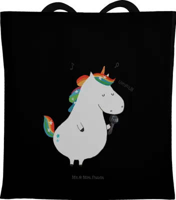 Produktbild von Mr. & Mrs. Panda Shopping Tasche Einhorn Sänger - Schwarz - Geschenk, Geburtstag, Büchertasche, Tote Bag, Unicorn, Einkaufstüte, Einhörner, Disco, Schultasche, Konfetti