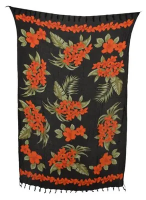 Produktbild von Sarong rote Blumen, Stampbatik, Pareo, Hüfttuch, Wickelrock, Strandtuch 160 x 115 cm