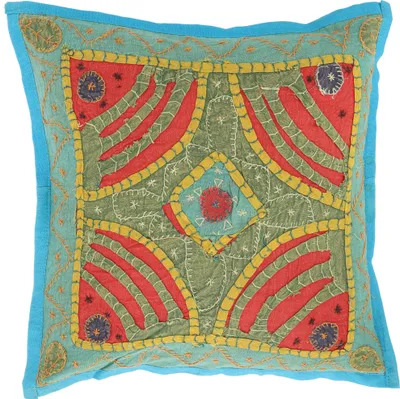 Produktbild von Unikat Patchwork Dekokissenhülle, Indische Boho Kissenhülle - Türkisblau, Rot, Baumwolle, 40*40*0,2 cm, Zierkissen, Dekokissen, Sofakissen