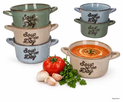 Produktbild von 6er Set Michel Suppentassen 500ml Beige Blau Grün mit Henkeln Bowl